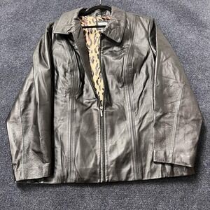 George Leather Jacket Womens 2X Black Full Zip Collared Leopard Lined Plus